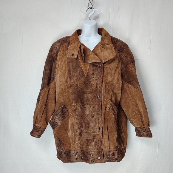 Avanti Jackets & Blazers - VTG  Womens Medium Brown Leather Jacket Animal Print Suede 80s Chore Coat Bomber